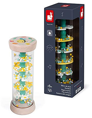 Janod - Bâton de Pluie en Bois - Collection Pure - Jouet d'Eveil et Premier Age - Apprentissage Motricité Fine - Stimulation Visuelle et Sonore - Peinture à l'eau - Dès 6 Mois, J05193