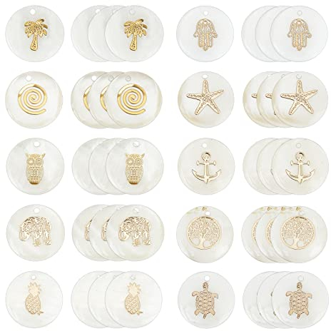 PandaHall 40er Set Süßwasser Muschel Anhänger - Flach & Rund mit 10 goldenen Mustern - Ocean Beach Muschel Anhänger für Hawaii Fußkettchen & Armband - Craft & Home Decoration