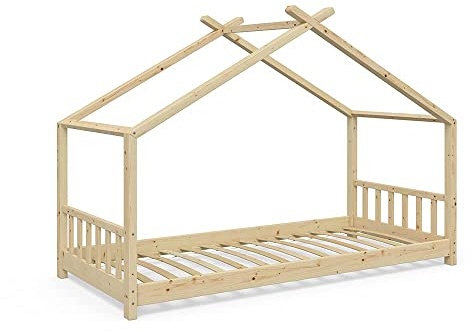 VitaliSpa Hausbett Design, Naturholz, 90x200 cm, mit Rausfallschutz und Lattenrost für sicheres Schlafen