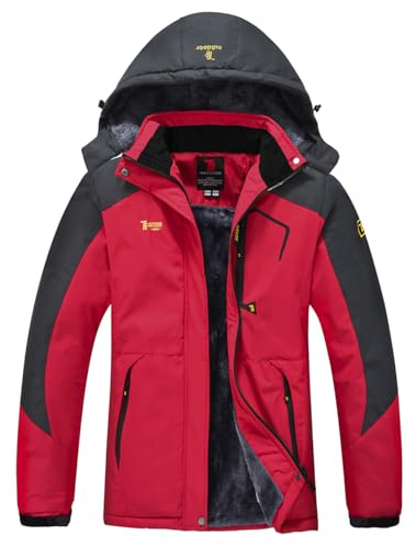 YSENTO Chaqueta de invierno para mujer impermeable, chaqueta de esquí para exteriores, chaqueta softshell cálida, chaqueta de forro polar, chaqueta funcional con capucha desmontable, rojo, M