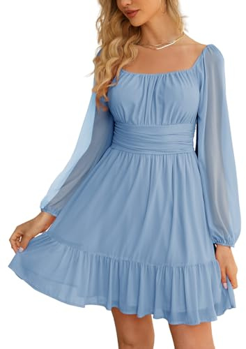 Wenrine Women's Mesh Long Sleeve Square Neck Dress High Waist A Line Ruffle Hem Flowy Casual Party Mini Dress Light Blue