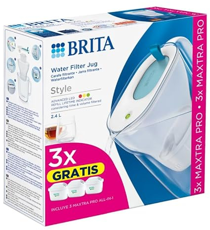 Brita Style Carafe filtrante Bleue 2,4 L - Inclus 3 Filtres MAXTRA PRO - S'adapte à la porte du réfrigérateur