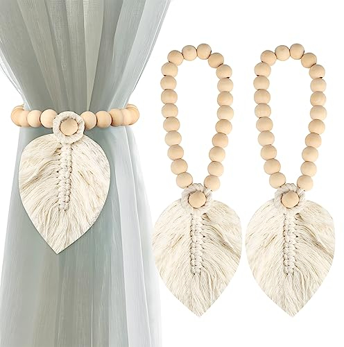 XIEJ 2 Stück Raffhalter für Vorhänge, Boho Vorhang Raffhalter, Boho Makramee Blätter Gardinen Raffhalter, Dekorative Vorhang Raffhalter für Schlafzimmer Büro Gardinen Deko