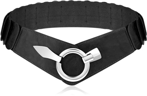 Andibro Damen Breiter Elastischer Taillengürtel,PU Leder Breiter Hüftgürtel Mode Vintage Stretchgürtel mit Silberner Ring-Schließe(Schwarz, L(90-120cm/35-47.2in))