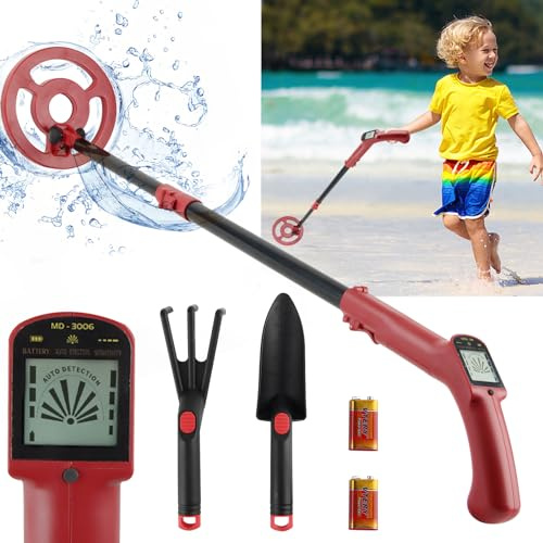 Waldspring Detecteur De Metaux Rouge, Détecteur De Métaux Enfant avec Batterie, Pelle, Râteau, Detecteur Metaux Enfant pour Jardin, Plage, Sauvage