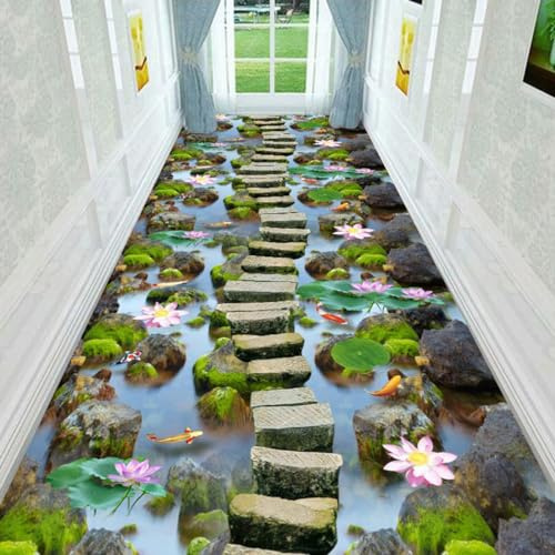 3D Optical Illusion Hallway Runner Rug Stone Road with Fish Floral Texture Carpet for Entryway Dining Kitchen Washable Cute Throw Rugs 2x7 Funky Mat