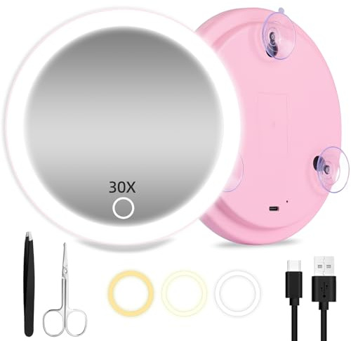 30X Magnifying Mirror with Lights, 6inch Large Makeup Magnifying Mirror, Lighted 30X High Magnifying Mirror, Travel Magnifying Mirror with Lights 30X, Portable LED Magnified Mirror with 3 Suction Cups