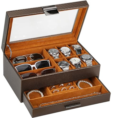 LANDICI Watch Box Organiser Jewellery box for Men Women, 2 Layer 6 Slot PU Leather Watch Storage Case with Glass Top, Large Jewelry Display Holder for Sunglasses Necklace Earring Ring (Coffee)