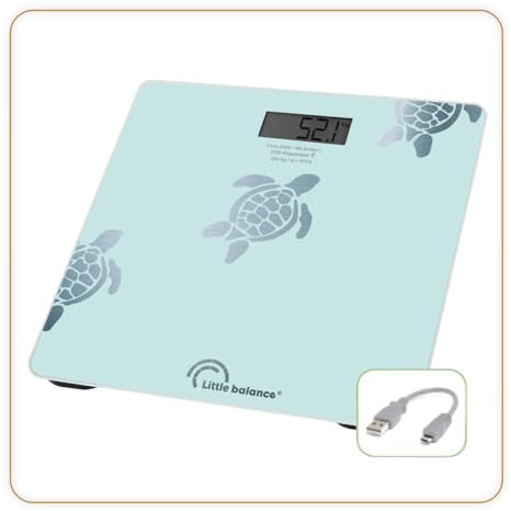 LITTLE BALANCE 8730 Tartarughe Aqua metallizzate, Bilancia pesapersone senza batteria, ricaricabile USB, riparabile, 180 kg, design Aqua metallizzato