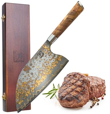 Zayiko MysticMagma Chai Dao Damastmesser 20,5 cm Klinge aus 67 Lagen Damaststahl mit VG10 Kern mit Kupfer und Bronze Einlage mit DualCurve Ahornwurzelholzgriff in Holzbox Kochmesser präzises Schneiden