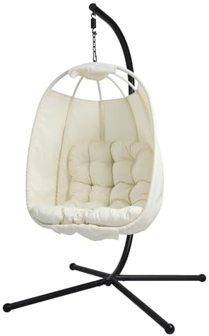 SVITA Nelly Hängesessel mit Gestell Loungesessel Hängesitz Hängestuhl klappbar Hängekorb Hängeschaukel Outdoorsessel Beige