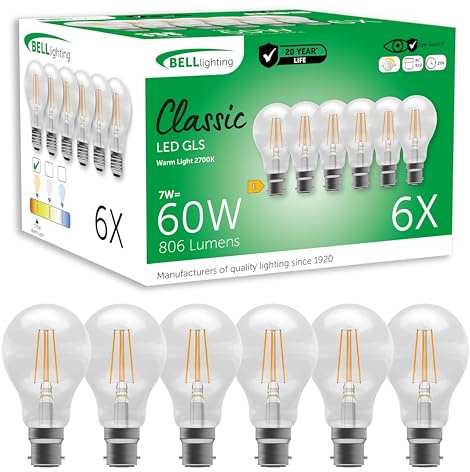 BELL Lighting B22 Bayonet Filament Light Bulb LED GLS 6 Pack | Warm White 2700K | 806 Lumen 7 Watts | Energy Saving GLS LED Light Bulb | 60W Lamp Equivalent | Non-Dimmable