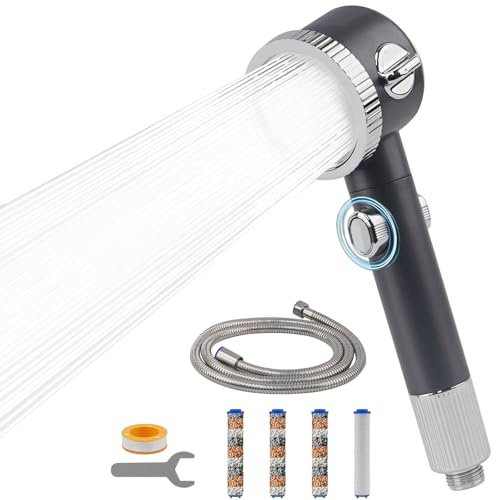 VirtuGro Soffione Doccia Anticalcare a Risparmio Idrico Soffione Doccia con Filtro 3 Tipi di Getti Alta Pressione Soffione Doccia con Tubo 1.5M Shower Head con 4 Cartucce Filtro Sostituibili Grigio