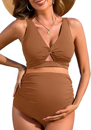 Charmo Womens Maternity Bikini Set 2 Pieces High Waist Swimwear Brown M
