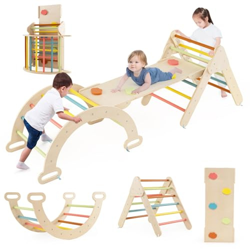 COSTWAY 7 en 1 Triángulo de Escalada de Madera para Niños, Juego de Escalada con Triángulo, Arco, Rampa para Deslizarse o Escalar, Set de Escalada Montessori para Niños 1+ Año (Multicolor de Macaron)