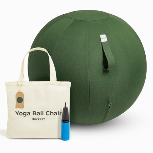Backerz Siège Ballon 65cm - Balle intérieure PVC Résistante, Capacité 110kg, Caoutchouc, Housse Lin Doux Lavable - Chaise Ballon Ergonomique Bureau & Yoga, pour Bonne Posture - Vert Olive