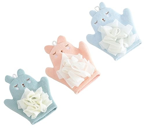 CIYODO 3 pièces de Bain Garçon Fille Fibre Douce Exfoliants et Durables pour Gommage Corporel Légers et Portables pour Maison et Voyage Bleu Orange Vert Menthe