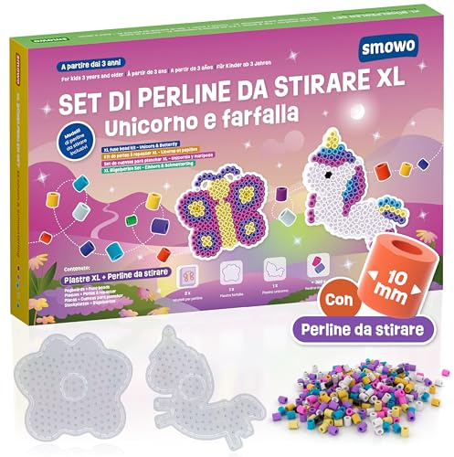 Smowo 10 mm järnpärlor set med enhörning och fjärilsplattor – kreativt set med 2 plattor, pärlor och mallar – stora maxi-stiftplattor för barn från 3 år