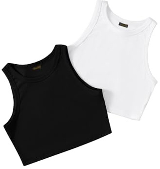 Confezione da 2 canottiere eleganti senza maniche a costine con scollo rotondo da donna e top corto occidentale, nero, bianco, L