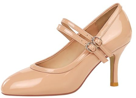 Tacones Altos Stilettos 7CM Zapatos De Tacón para Mujer con Correa En El Tobillo Punta Redonda Charol Color Nude para Fiestas, Bodas-Numeric_40