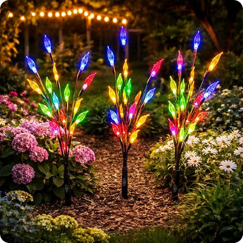 BrightBloom 3 Pack Solar Garden Branch Lights Outdoor, Cherry Blossom Branch Fairy Lights Multi Color LED, Solar Powered Waterproof Pathway Lights for Lawn Patio Yard Landscape Decoration (Multi)