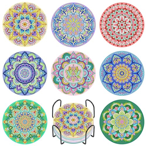 8 Pack Mandala Diamond Art Coasters Set with Holder and Cork Backing | Diamond Painting Coasters Kit, for Adults Beginner, Non-Slip , Full Drill, Acrylic, Home Decor, Relaxing Hobby, Handmade Gift