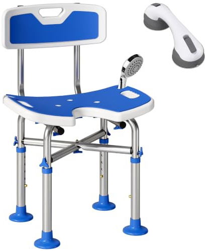 HOMCOM Silla Ducha Personas Mayores con Respaldo Barra con Ventosa | Taburete de Ducha Antideslizante, Asiento en U, Altura Ajustable en 5 Posiciones, Soporte para Alcachofa, Carga 150 kg
