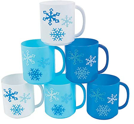 Fun Express Christmas Mugs Set of 12 - Kids Plastic Winter Holiday Cups with Handles, 6 oz Snowflake Design | Reusable Party Supplies for Classroom Gifts & Stocking Stuffers | Blue Multi-Color