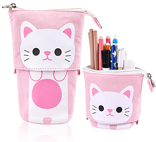 Rolin Roly Teleskop-Federmäppchen Stehendes Mäppchen Süße Katze Bleistift Tasche Leinwand Kosmetik Schreibwaren Organizer Ständer Bleistifthalter für Jungen und Mädchen