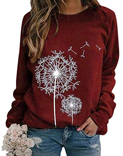 LAEMILIA kvinnors casual tröja utan huva sport tröja rund hals långärmad original pullover casual topp tröja tröja topp tröja tryck bekvämt mönster mode, rödvin, 38