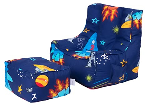 Ready Steady Bed Kids Bean Bag Chair With Footstool | Child Play Safe Soft Seat Playroom Sofa | Ergonomically Designed Toddler Armchair | Comfy Children Furniture (Space Boy)