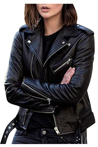 Freenfitmall Short Style Slim Leather Coats Motorcycle Leather Jacket Women's Slim Fit Zipper Plus Size Fashion Casual Jackets (Black,Asian Size XL)