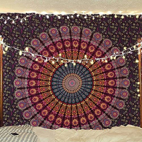 Bless International Handmade Indian hippie Bohemian Psychedelic Peacock Mandala Wall hanging College Dorm Beach Throws Table Cloth Bedding Tapestry (Golden Pink Blue, Queen(84x90Inches)(215x230Cms))