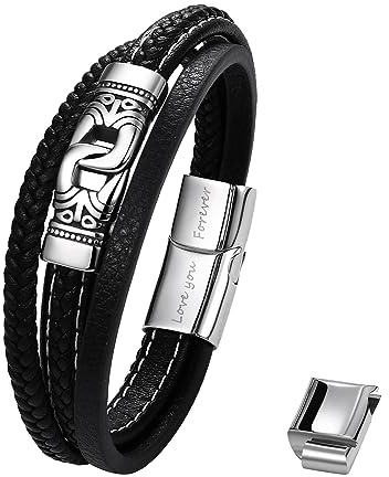 OIDEA herrarmband läder flätad med magnetisk stängning med kors nautisk knut Tors hammare varghuvud varg armband silver svart present till son med To my son kort, 21 cm, 23,5 cm mit Ersatzglied, Läder