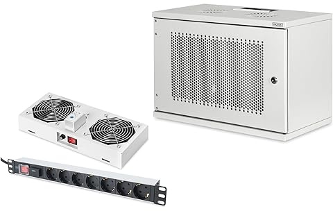 DIGITUS Set: Armario de Red 19 7U + Ventilador de Techo + regleta de 7 Puertos // Rack 19 - Sin Montar - Montaje Mural - Capacidad de Carga 60 kg - Profundidad útil 170-270 mm - Puerta de Acero