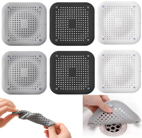 Silicona Protector de Drenaje, 6 Pcs Coladores de Drenaje con Ventosas Fuertes, Coladores de Desagüe, Cubierta de Desagüe de Ducha, Filtro de Drenaje para Fregadero, Cocina, Baño (Negro+Blanco+Gris)