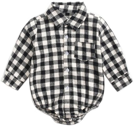 ZUYPSK Body de manga corta para bebé y niña, unisex, a cuadros, camisa para niños, camisa tradicional con cuello, mono para niños pequeños, blusa, camiseta de manga larga, Negro , 18–24 Monate