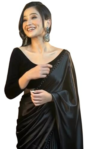 SHOPAZ Dam redo att bära svart satin silke 1 minut förveckad tung sari med handarbete spets, svart, fri storlek, Svart, Free size