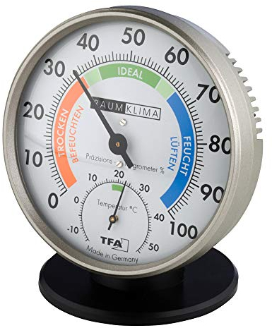 TFA Dostmann Termómetro higrómetro de precisión 45.2033 para control del clima interior, analógico, con zonas de confort, control de temperatura y humedad (antracita)