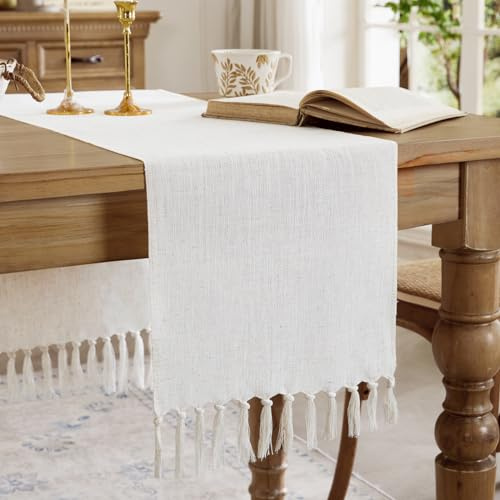 Aoztio Camino de Mesa Rustico Estilo Lino, Camino de Mesa de algodón y Lino，Estilo Boho con Flecos artesanales - Blanco Hueso, 90 cm