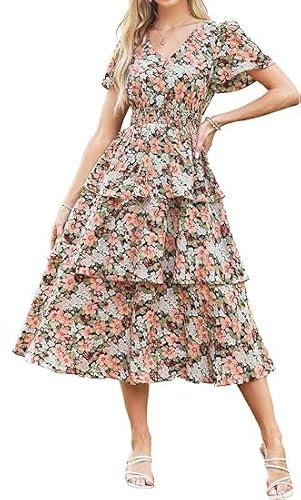 Damen Elegant Basic V-Ausschnitt Blumenkleid Vintage Kurze Ärmel A-Linie Blumendruck Geraffte Taille für den Strand L Rosa Blumen-Schwarz