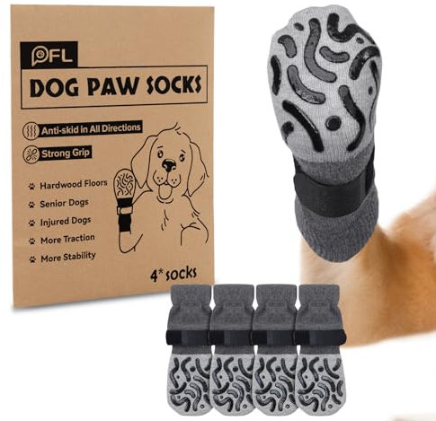 2 Pairs Anti Slip Dog Socks Paws Stop Licking, Dog Paw Protectors Dog Socks with Grips Strong Traction, Adjustable Dog Boots Dog Shoes for Senior Dogs Hardwood Floors Indoor Walking(Grey,L)