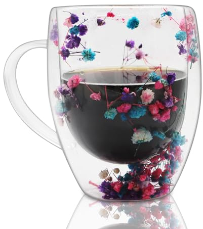 Iceten Dry Flowers Double Walled Glass Coffee Mugs -Creative Clear Glass Cups with Handle, Insulated Heat Resistant Glasses for Hot and Cold Beverages, Gifts for Women(350ml/11.8oz)