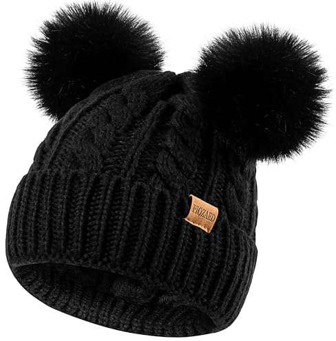 PIOZAED Cappello Invernale da Donna Berretto Morbido in Maglia con Pompon in Pelliccia Sintetica Cappello con Fodera in Pile Caldo Berretto da Donna
