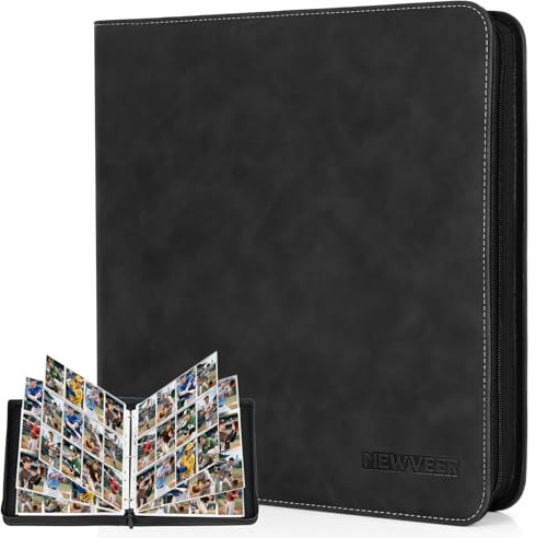 MewVeer Album Cartas, 12 Bolsillos Álbum de Carta Capacidad para 960 Cartas, Álbum de Tarjetas de Béisbol de Calidad y Duradero con Cremallera, Card Binder para Tarjetas YGO/MTG/TCG, Negro