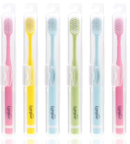 lanjue 6pcs Travel Toothbrush Set, Extra Soft Toothbrushes for Adults Gentle Portable Manual Toothbrush with Individual Travel Case Deep Cleaning Flossing Toothbrushes for Sensitive Teeth(Multicolor)