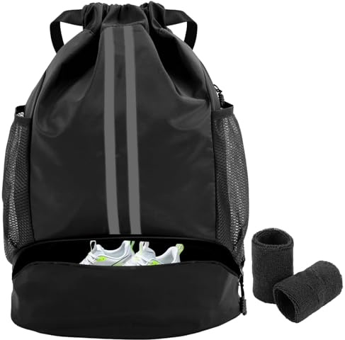 HFCOONY Football Boot Bag with Wristbands, Waterproof Gym Bag for Men, Large Drawstring Backpack with Shoe Compartment, PE Bag for School Kids, Sports Sackpack for Soccer Basketball, Black