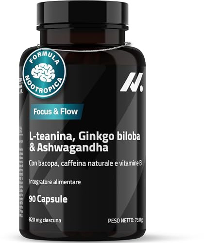 L-Théanine, Ginkgo Biloba, Ashwagandha – Nootropique avec Bacopa Monnieri, caféine naturelle, vitamines B6 & B12 fortement dosées | Focus, concentration & énergie sans nervosité | 90 gélules véganes