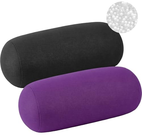 2 Pcs Microbead Roll Pillow, Soft Cylindrical Bolster for Neck Support | 30 x 16 cm, Micro Bead Cushion for Sleeping, Home, Travel, Head and Back Support, Purple and Black