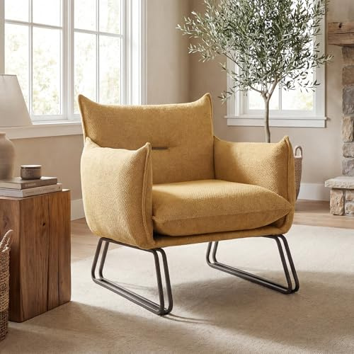 DAYALANE Fauteuil Salon Scandinave en Chenille Confortable, Jaune | Chaise de Salon avec Coussin Rembourré Pieds Robuste Chaise de Chambre pour Lecture
